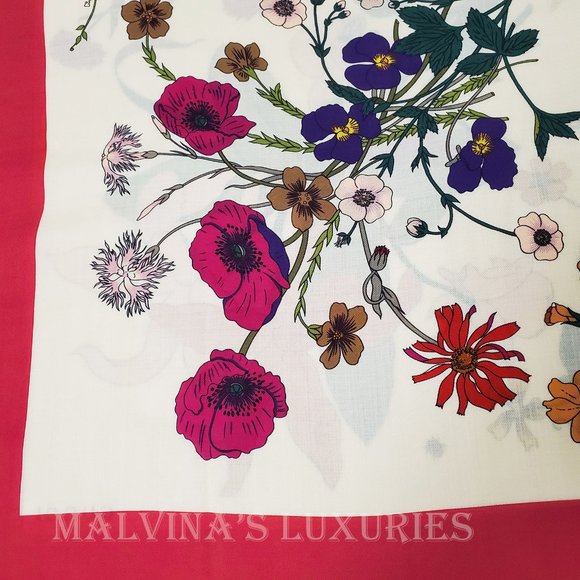 GUCCI SCARF MISS FLORA PRINT SHAWL WOOL SILK PINK BORDER SQUARE sz 55" - Picture 8 of 13